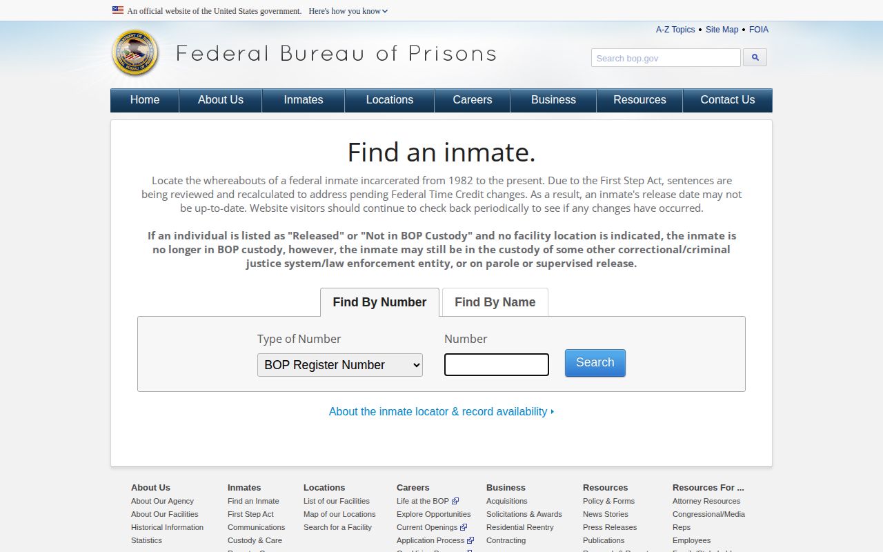 Texas County federal BOP released inmate locator search and release record